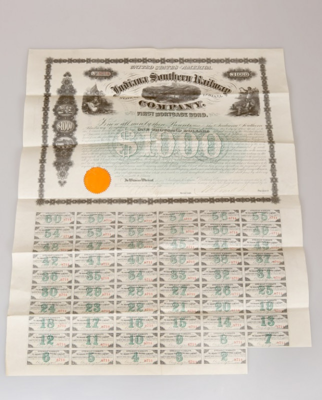 A COLLECTION OF SHARE AND BOND CERTIFICATES, including Indiana Southern Railway Company, First Mortgage Bond, 1866; Oriental Bank Corporation, £25, no.9997; The Ottoman Company Limited, £20, 1865, no.1666; The Oriental Inland Steam Company, £10, 1860, no.