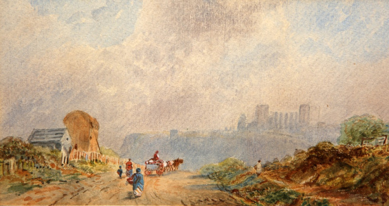 SARAH ELLEN WEATHERILL (1836-1920), WHITBY FROM MEADOWFIELDS, unsigned, watercolour, framed. 11cm by 19.5cm