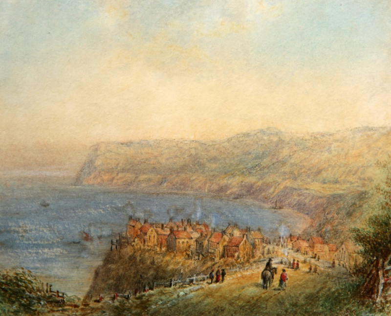 GEORGE WEATHERILL (1810-1890), OVERLOOKING ROBIN HOOD'S BAY, unsigned, watercolour, framed. 12cm by 15cm
