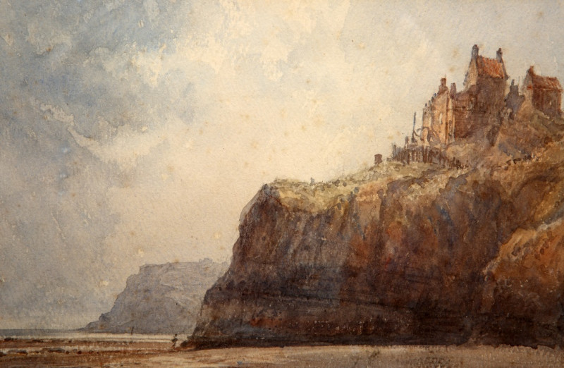 GEORGE WEATHERILL (1810-1890), OLD ROBIN HOOD'S BAY FROM THE SEASHORE, unsigned, bears inscription verso, watercolour, framed. 15.5cm by 25.5cm