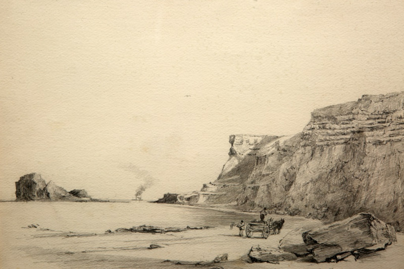 GEORGE WEATHERILL (1810-1890), HORSE AND WAGON ON THE SCAUR WHITBY, unsigned, sketch, framed. 25.5cm by 36.5cm