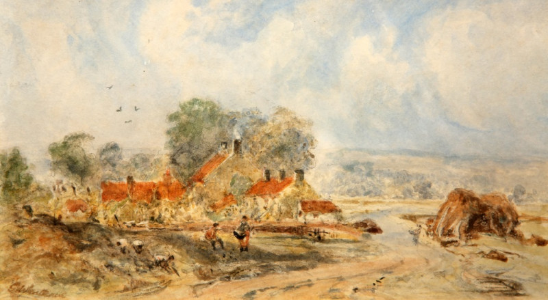 GEORGE WEATHERILL (1810-1890), EGTON VILLAGE, signed lower left, watercolour, framed. 11.5cm by 21cm
