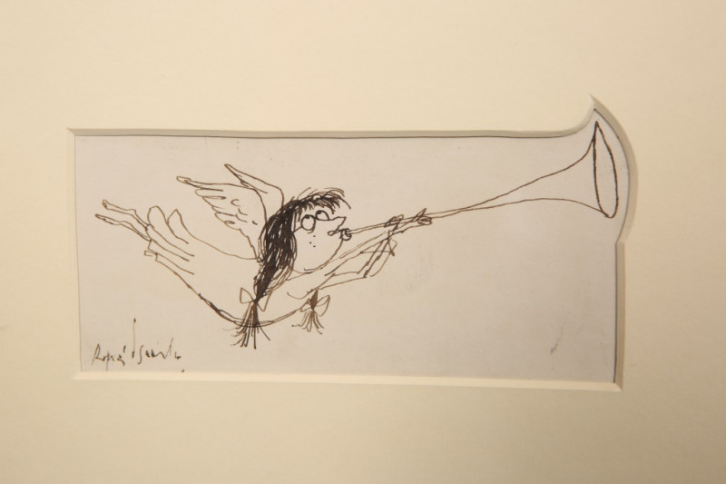 RONALD SEARLE (1920-2011), HEAVENLY SONG, SKETCH OF AN ANGEL, signed lower left, pen and ink, framed. 5.5cm by 12.5cm  Provenance: Chris Beetles Ltd Illustrated: St. Trinian's, Requiescat in Pace, Lilliput, October-November 1953, page 9. Exhibited: Ronald