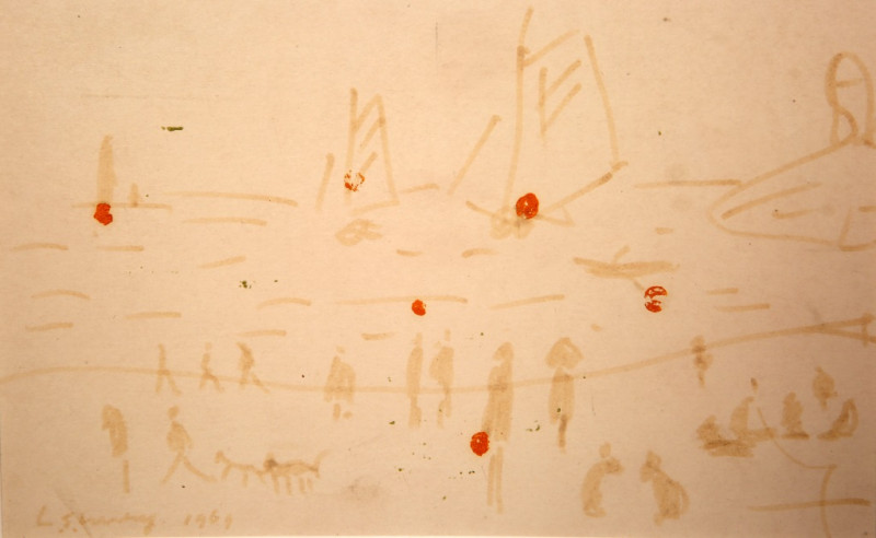 LAWRENCE STEPHEN LOWRY R.A. (1887-1976), A BEACH SCENE WITH BOATS AT SEA, signed lower left and dated 1969, felt tip pen on card, framed. 13cm by 20.5cm Provenance: Miss Gladys Brooke. Later with P & D Colnaghi & Co. Ltd, 14 Old Bond Street, London (see g