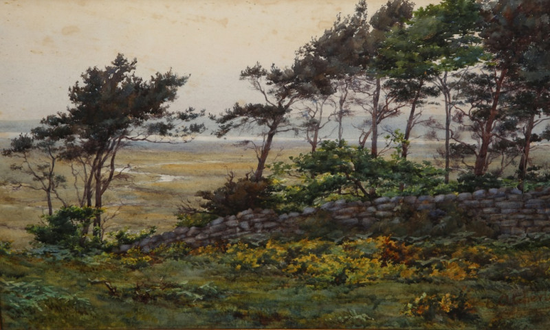 ETHEL ATCHERLEY (1864-1905), WINDSWEPT TREES BY AN OLD STONE WALL, signed lower right, watercolour, framed. 30.5cm by 50cm