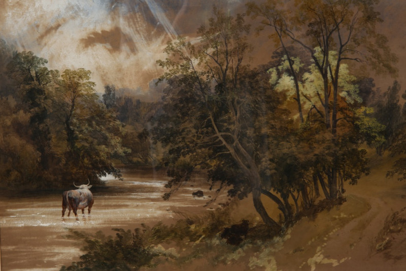 JAMES BURRELL SMITH (1822-1897), BULL IN A RIVER, signed and dated lower left, watercolour, framed, 35cm by 51.5cm; together with ATTRIBUTED TO JAMES BURRELL SMITH (1822-1897), 'NEAR ALNWICK', unsigned, watercolour, framed, 24.5cm by 35cm. (2)