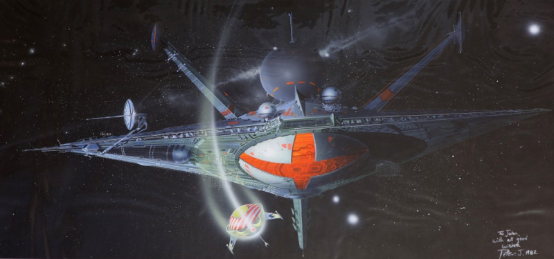 PETER ANDREW JONES (BRITISH, b. 1951), the original artwork for the cover of 'Ambulance Ship' by James White, gouache, inscribed 'To John, with all good wishes, Peter J. 1982', mounted on board with Solar Wind certificate verso; together with White, James