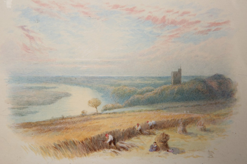 MYLES BIRKET FOSTER (1825-1899), FIGURES THRASHING WHEAT, A CHURCH BEYOND, monogrammed lower right, watercolour, framed. 11.5cm by 18cm