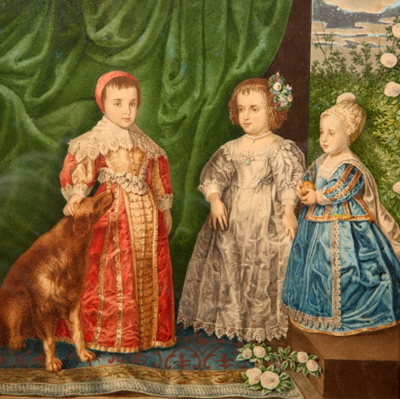 AFTER ANTHONY VAN DYCK, THE CHILDREN OF CHARLES I, unsigned, frame bears label verso stating that the watercolour itself bears a label verso inscribed 'George A. Cole, 17 Via Tornabuoni 17, Florence'. 18cm by 17.5cm