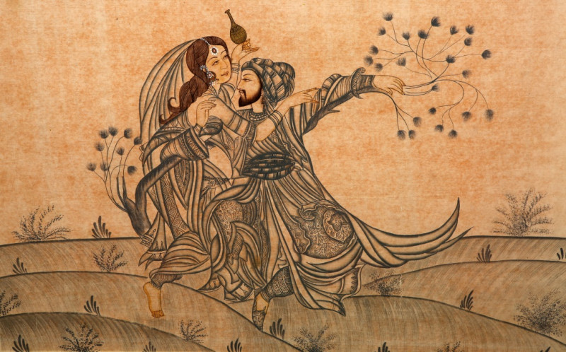 INDO-PERSIAN SCHOOL (19TH CENTURY), A MAN AND WOMAN DANCING, ink and watercolour on silk, framed. 46cm by 70cm