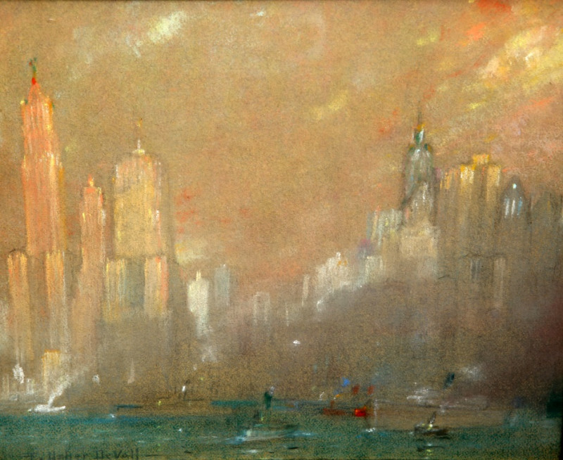 FREDERICK USHER DEVOLL (AMERICAN, 1873-1941), VIEW OF A NEW YORK HARBOUR SKYLINE FROM HOBOKEN DOCKS, signed F. Usher Devoll lower left, coloured pastels, framed. 26cm by 31cm