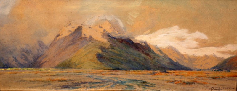 CHARLES NATHANIEL WORSLEY (BRITISH/NEW ZEALAND, 1862-1923), MOUNT COOK FROM THE TASMAN VALLEY, signed lower right, The Modern Gallery Edward Freeman exhibition label verso, watercolour and pencil, framed. 22.5cm by 53.5cm