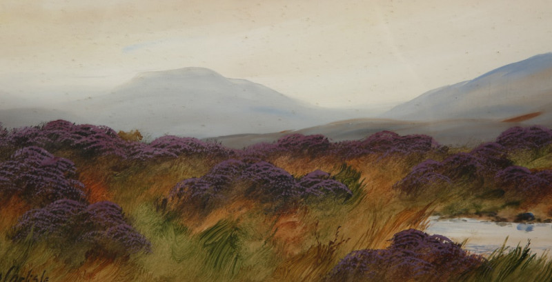 JOHN CARLISLE, HEATHER CLAD MOORLAND, A PAIR, each signed, watercolours, framed. 19cm by 36.5cm