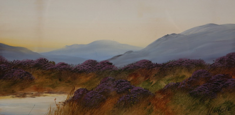 JOHN CARLISLE, HEATHER CLAD MOORLAND, A PAIR, each signed, watercolours, framed. 19cm by 36.5cm