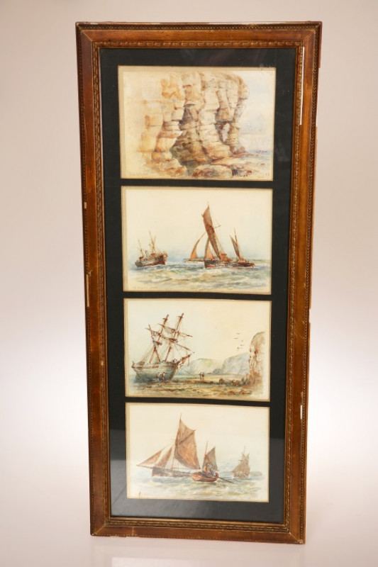 FREDERICK JAMES ALDRIDGE (1859-1933), COASTAL SCENES - FLAMBOROUGH, FOUR WATERCOLOURS, each signed with initials, titled and three numbered, framed as one. Each approx. 12.5cm by 18cm