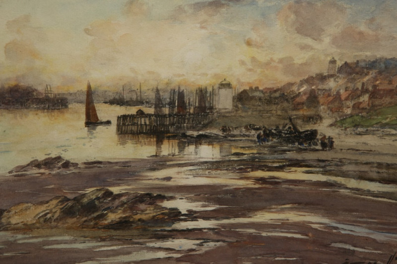 THOMAS SWIFT HUTTON (1865-1935), ENTRANCE TO THE TYNE, SUNSET, signed lower right, watercolour, framed. 20cm by 34.5cm