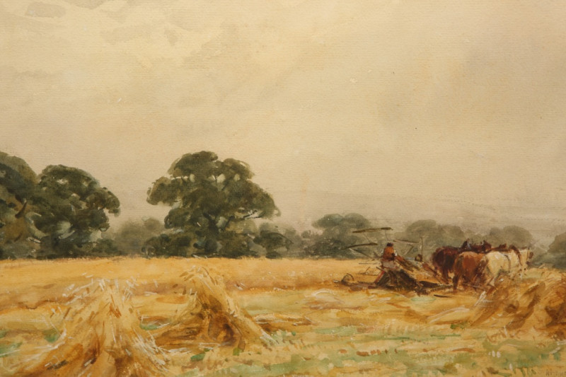 JOHN ATKINSON (1863-1924), HARVESTING, signed lower right, watercolour, framed. 28cm by 39.5cm