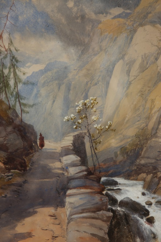 JAMES BURRELL SMITH (1822-1897), FIGURE ON A PATH BY A RIVER, signed and dated 1853 lower left, watercolour, framed, 36cm by 24.5cm; together with JAMES BURRELL SMITH (1822-1897), SHEEP GRAZING BY A STREAM, signed with initials lower left, watercolour, fr