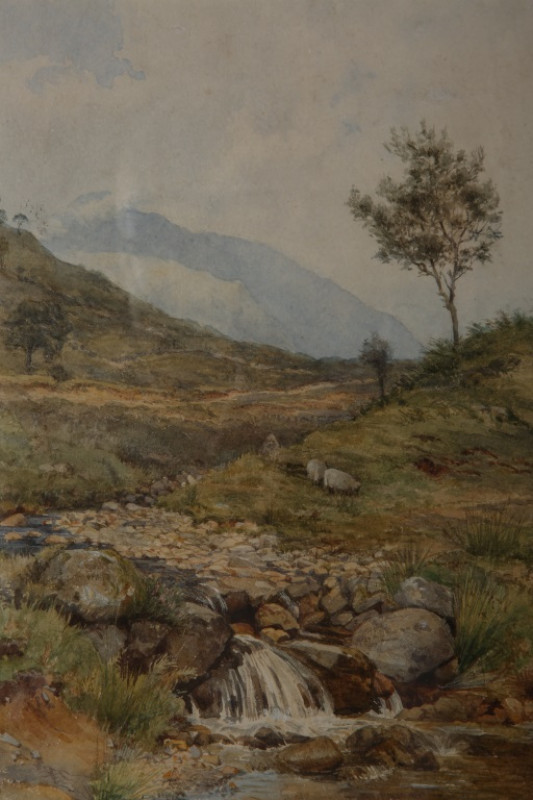JAMES BURRELL SMITH (1822-1897), FIGURE ON A PATH BY A RIVER, signed and dated 1853 lower left, watercolour, framed, 36cm by 24.5cm; together with JAMES BURRELL SMITH (1822-1897), SHEEP GRAZING BY A STREAM, signed with initials lower left, watercolour, fr