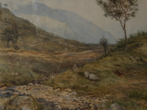 JAMES BURRELL SMITH (1822-1897), FIGURE ON A PATH BY A RIVER, signed and dated 1853 lower left, watercolour, framed, 36cm by 24.5cm; together with JAMES BURRELL SMITH (1822-1897), SHEEP GRAZING BY A STREAM, signed with initials lower left, watercolour, fr thumbnail