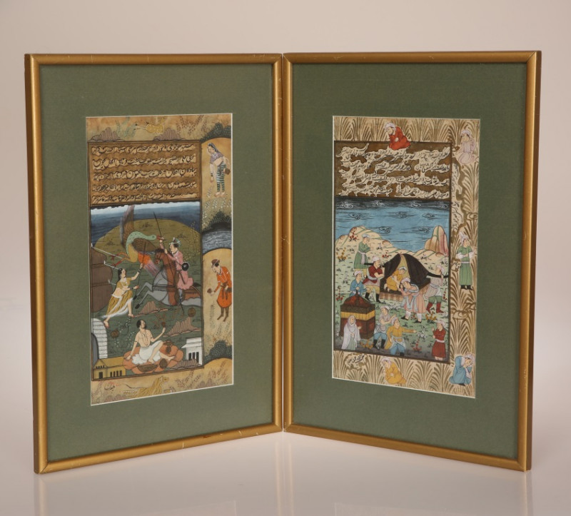 TWO INDIAN WATERCOLOURS, IN THE MUGHAL STYLE, one depicting the procession of a notable lady, the border with kneeling figures, the other centred by a mounted hunting figure, the border painted with cupholders, tiger and deer, framed. Each c. 27cm by 16cm