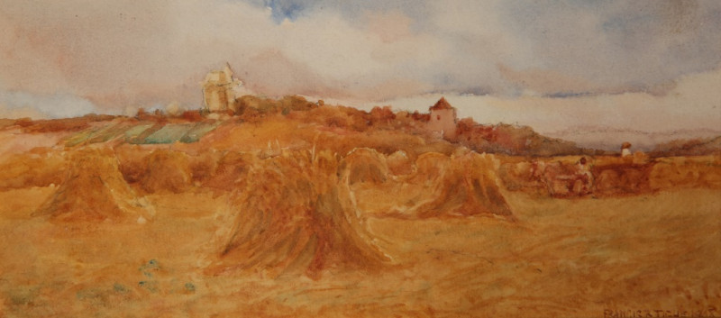 FRANCIS B. TIGHE (1885-1926), HARVESTING, A SET OF THREE, each signed and dated 1908 lower right, watercolours, framed as one. Each approx. 11cm by 24.5cm