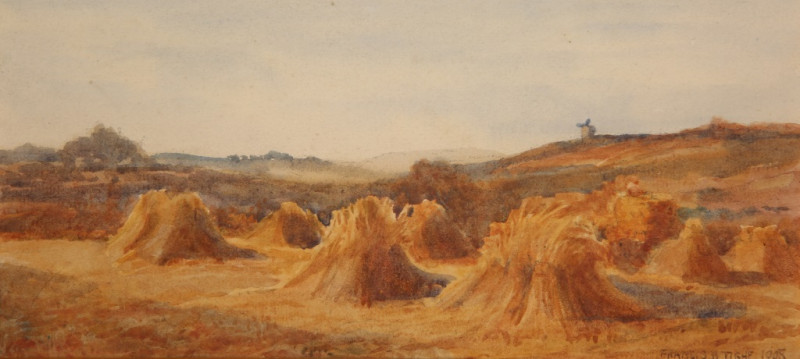 FRANCIS B. TIGHE (1885-1926), HARVESTING, A SET OF THREE, each signed and dated 1908 lower right, watercolours, framed as one. Each approx. 11cm by 24.5cm