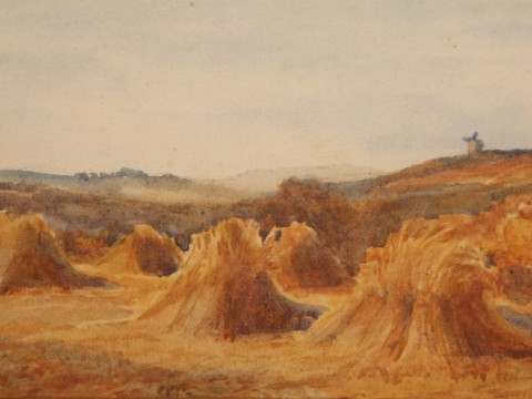 FRANCIS B. TIGHE (1885-1926), HARVESTING, A SET OF THREE, each signed and dated 1908 lower right, watercolours, framed as one. Each approx. 11cm by 24.5cm thumbnail