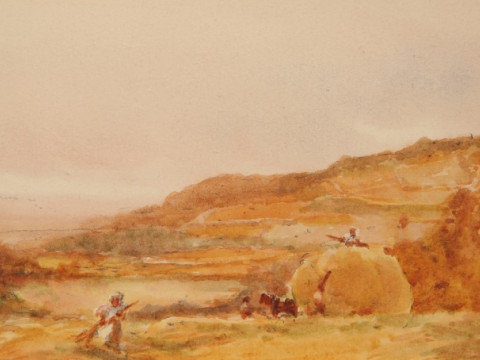 FRANCIS B. TIGHE (1885-1926), HARVESTING, A SET OF THREE, each signed and dated 1908 lower right, watercolours, framed as one. Each approx. 11cm by 24.5cm thumbnail
