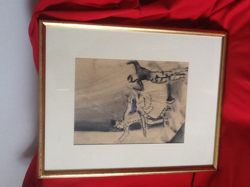 DAME LAURA KNIGHT (1877-1970), TAKING A BOW, FIGURES ON A STAGE AT THE END OF A PERFORMANCE, signed, pen and ink, framed. 33cm by 24.5cm