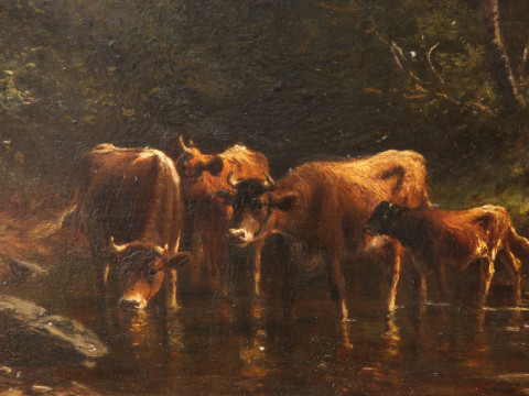 THOMAS BIGELOW CRAIG (AMERICAN, 849-1924), CATTLE AT THE BROOK, signed...