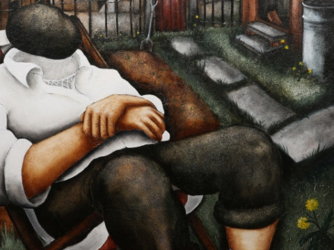 LOU HARRIS, TIME FOR A REST, signed lower right, acrylic, framed under...
