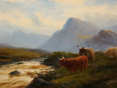 JOHN DAVISON LIDDELL (1859-1942), CATTLE BY A HIGHLAND STREAM, signed...