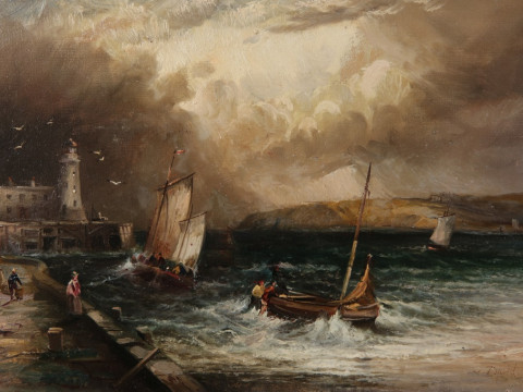 ENGLISH SCHOOL (19TH CENTURY), COASTAL SHIPPING, signed lower right, indistinctly...