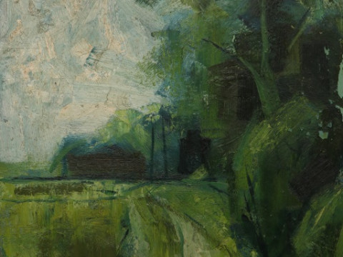 DAVID GEORGE FAWCETT (1935-1973), COUNTRY LANE WITH TREES, oil on board,...