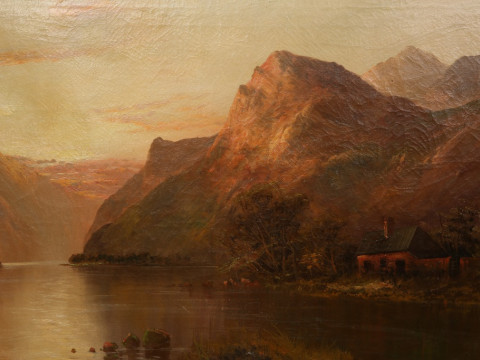 AUBREY RAMUS (19TH CENTURY), COTTAGE ON THE LAKE SHORE, signed lower left,...