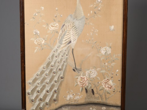 A LARGE JAPANESE SILK SCREEN, early 20th Century, the stained oak moulded...