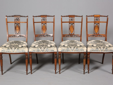 A SET OF FOUR INLAID ROSEWOOD PARLOUR CHAIRS, CIRCA 1890, each back with...