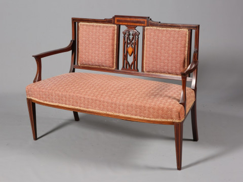 AN EDWARDIAN SATINWOOD INLAID MAHOGANY SETTEE, with twin upholstered back...