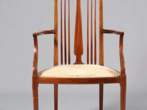 AN ART NOUVEAU INLAID MAHOGANY OPEN ARMCHAIR, DENBY & SPINKS, LEEDS, with...