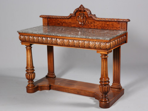 A WILLIAM IV MAHOGANY AND MARBLE TOPPED SERVING TABLE, fitted with a drawer...