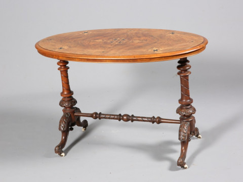 A VICTORIAN INLAID BURR WALNUT SIDE TABLE, the oval quarter veneered top...