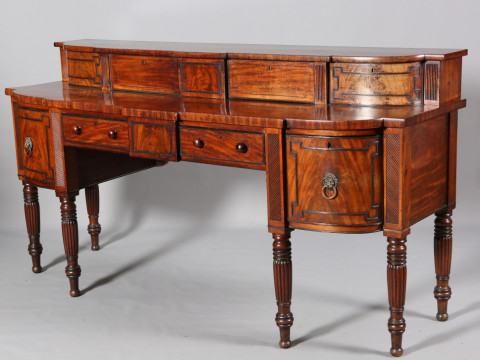 A REGENCY MAHOGANY SIDEBOARD, CIRCA 1825, with breakfront superstructure...