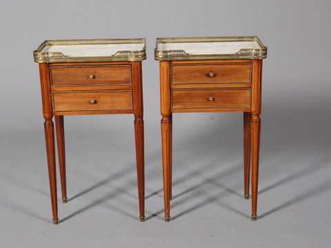A PAIR OF FRENCH MARBLE TOPPED OCCASIONAL TABLES, each with brass galleried...