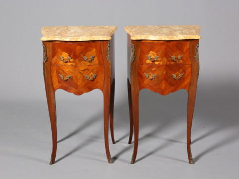 A PAIR OF FRENCH FLORAL MARQUETRY AND MARBLE-TOPPED TABLES, each with...