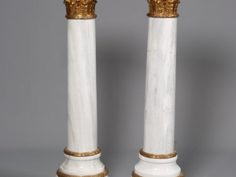 A NEAR PAIR OF GILT-METAL AND MARBLE PEDESTALS, each with octagonal top...