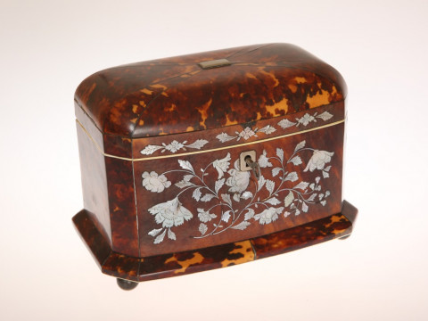 A MOTHER-OF-PEARL INLAID, IVORY-MOUNTED TORTOISESHELL TEA CADDY, SECOND...