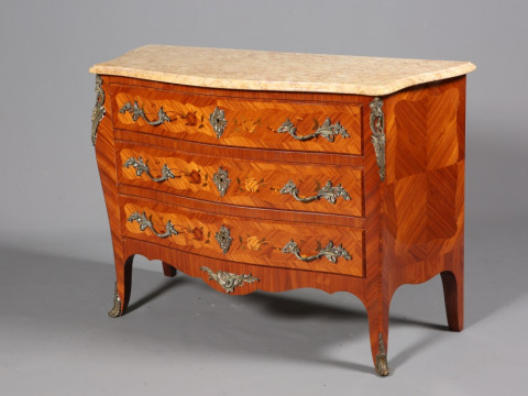 A LOUIS XV STYLE GILT-METAL MOUNTED, FLORAL MARQUETRY AND MARBLE-TOPPED...