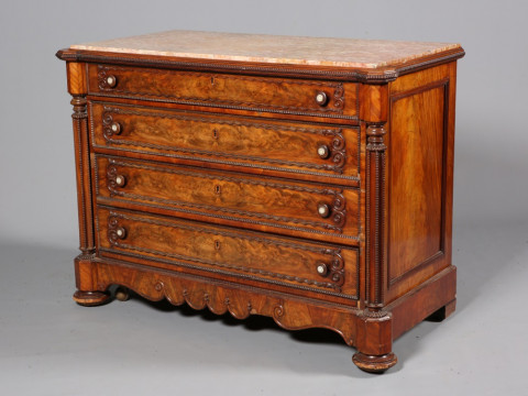 A LARGE CONTINENTAL MARBLE TOPPED AND MAHOGANY COMMODE, with four long...
