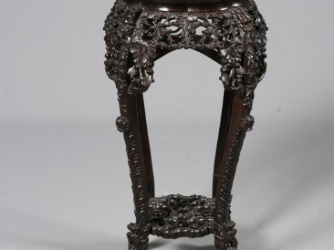 A LARGE CHINESE MARBLE-INSET HARDWOOD JARDINIERE STAND, carved and pierced...